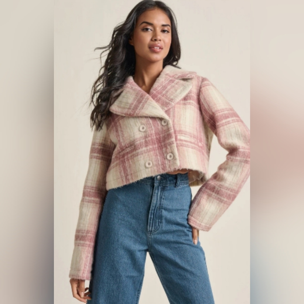 NWT VENUS Pink Plaid Crop Double Breasted Jacket